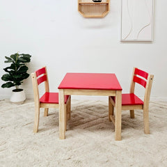 QToys - Red Top Timber Table with 2 Matching Chairs